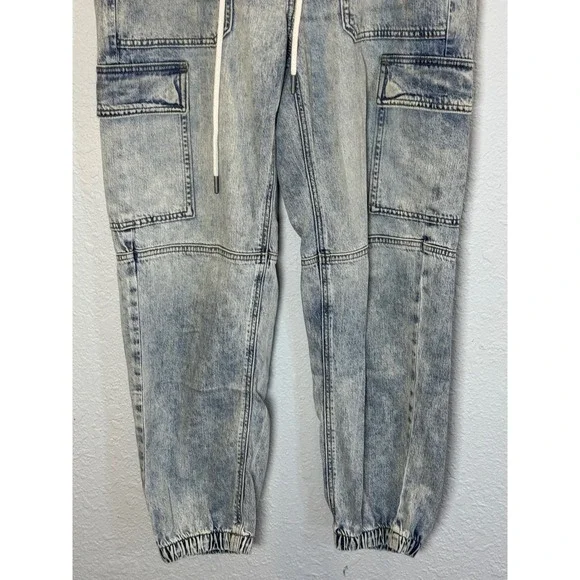 American Eagle Womens Acid Wash Cargo Jogger Jeans Light Blue Drawstring Denim - Picture 3 of 15